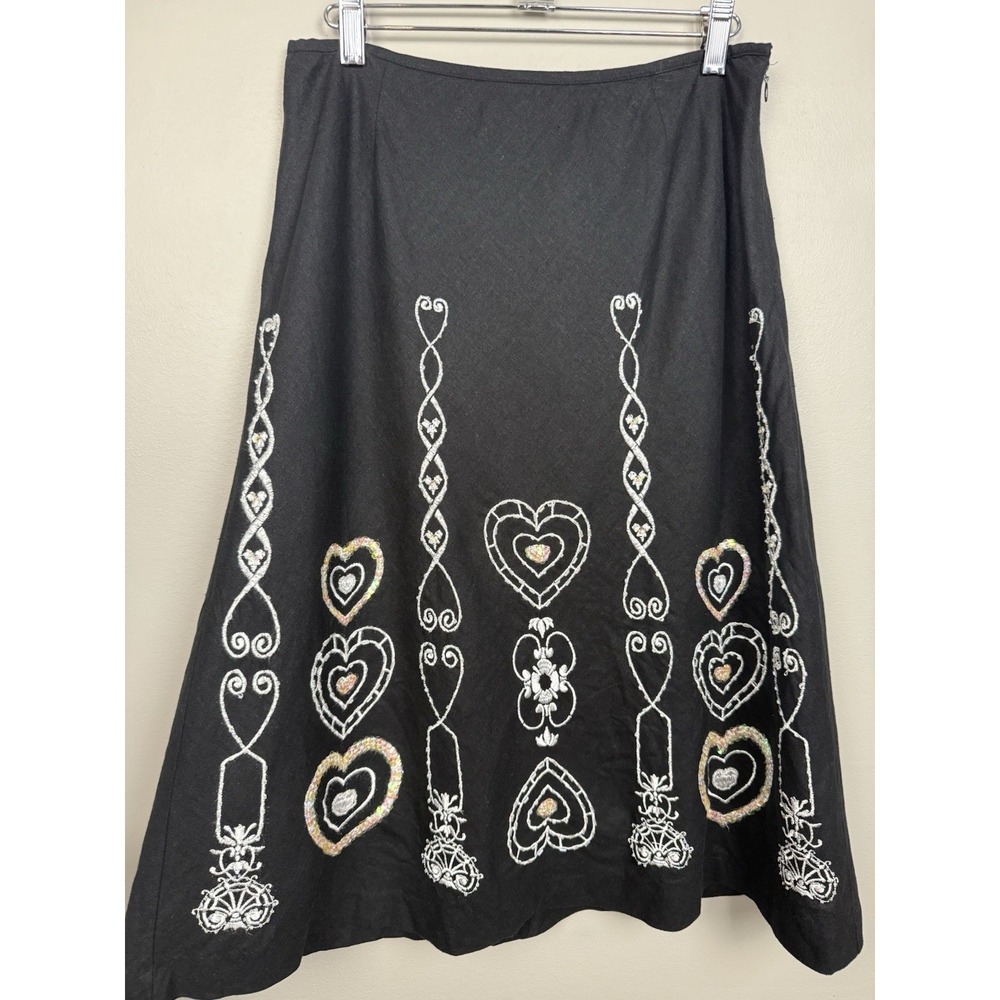 Vtg Richard Malcolm Linen Blend Black Sequin Heart Embroidered Midi Y2K Skirt‎